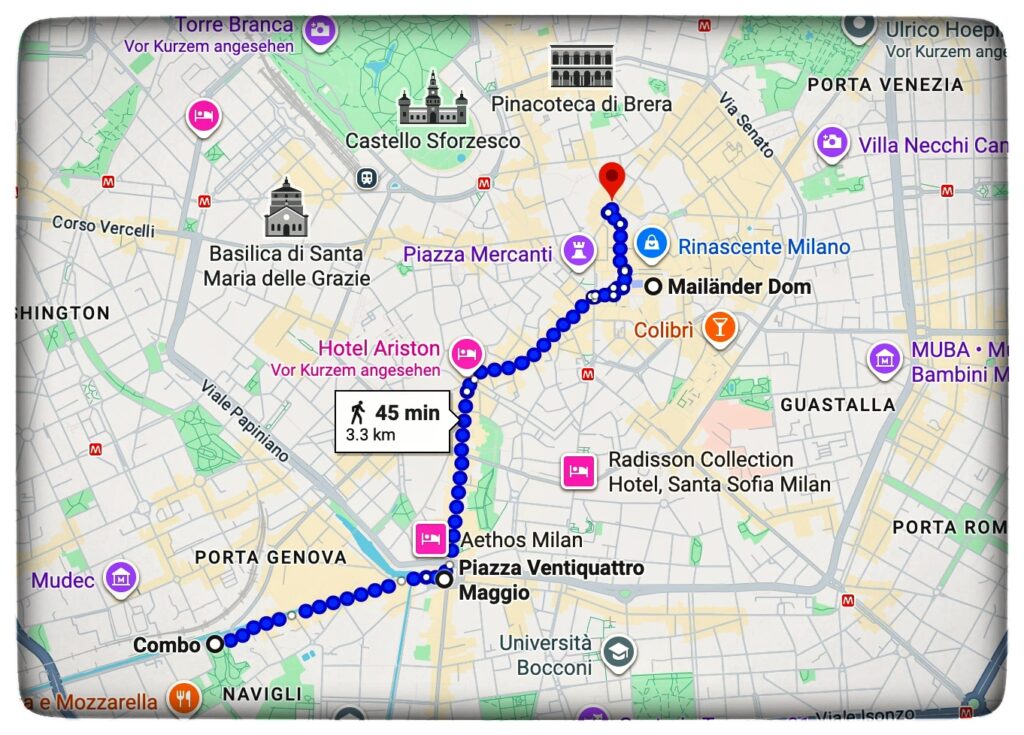 Stadtkarte Mailand für eine Stadtwanderung von Navigli bis zum Dom und der Scala